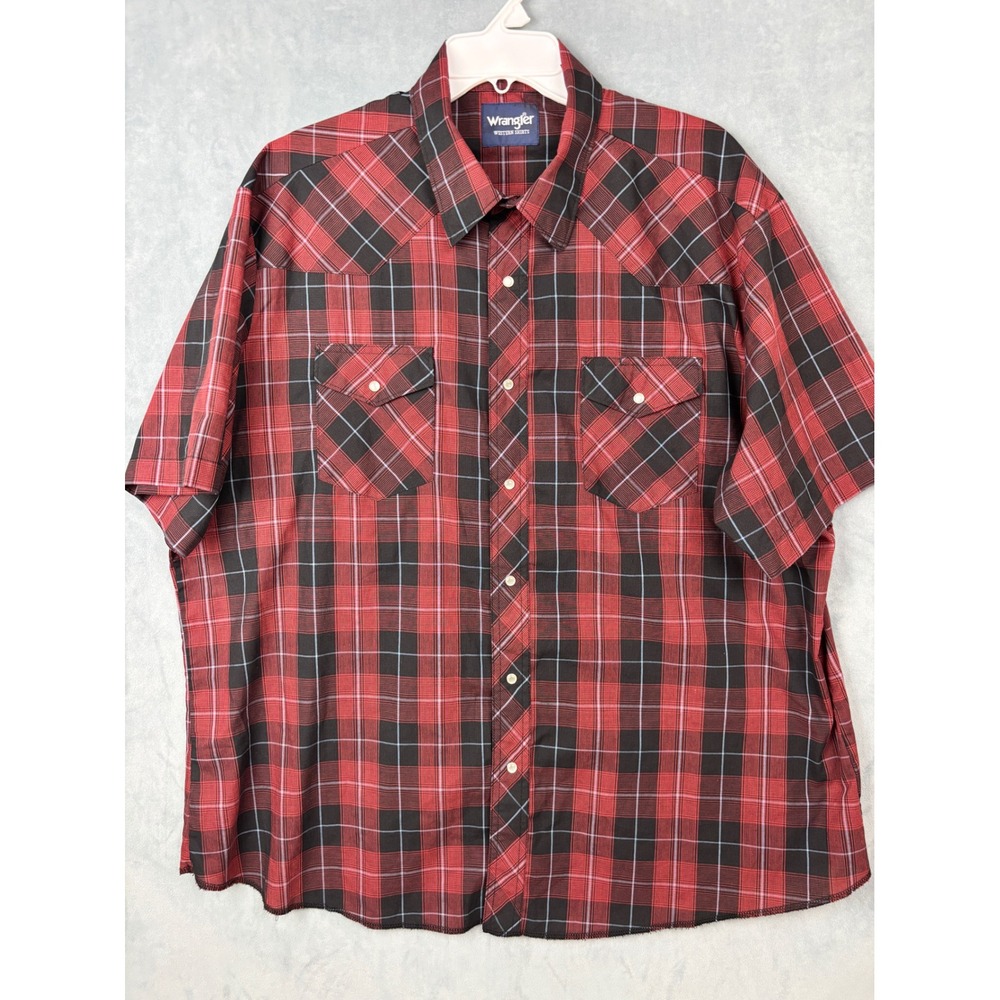 Wrangler Western Shirt Mens XXL Red Black Plaid Short Sleeve Pearl Snap Pockets